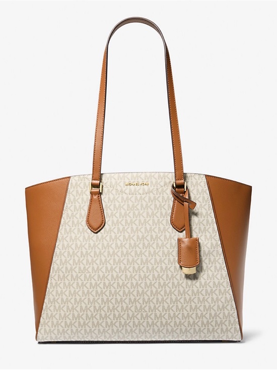 Michael Kors Handbags - NWT Michael Kors Taryn White Signature Tote with Tan Leather Trim